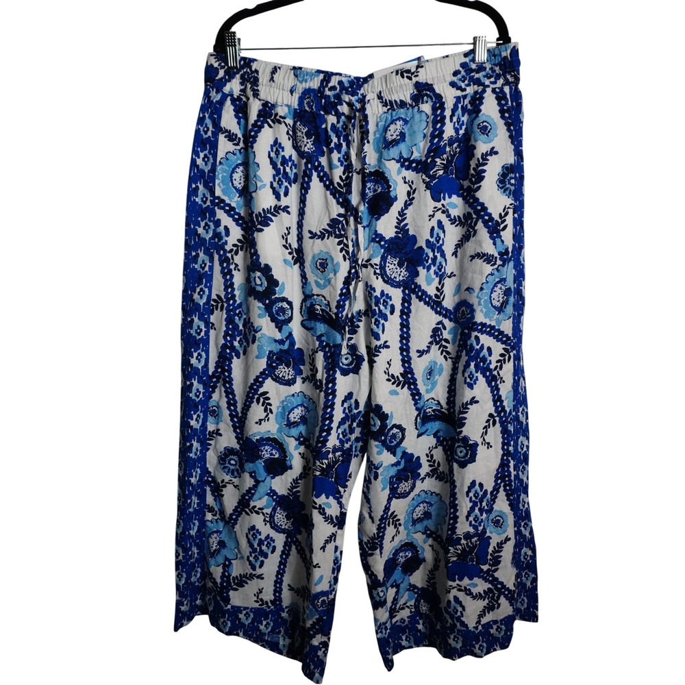Style&Co Wide Leg Pants XL Floral Block Print Blue White Linen Blend